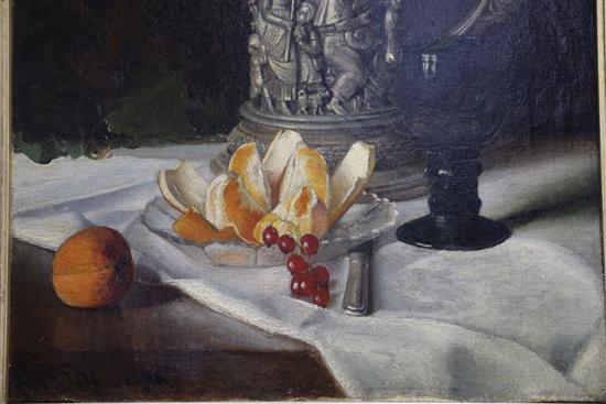 Robl, oil on canvas, Still life of a silver stein, a wine glass, orange and currants, signed and dated 1875, 49 x 38cm